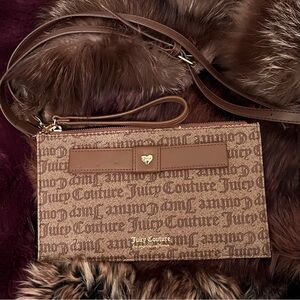 Juicy Couture Brown Signature Crossbody Wristlet with added crossbody strap.